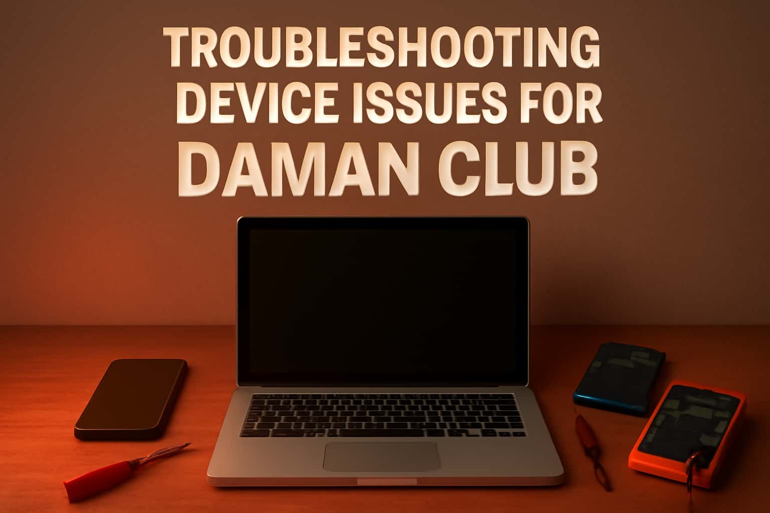 A visual representation of troubleshooting device issues featuring the text 'Daman Club' in a high-tech style.